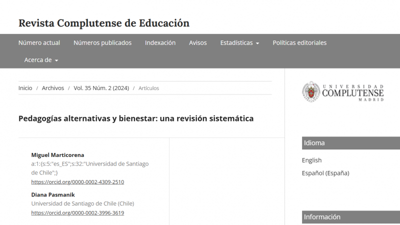 Revista Complutense de Educación pública artículo sobre pedagogías alternativas y bienestar realizado por académico de la U. Central